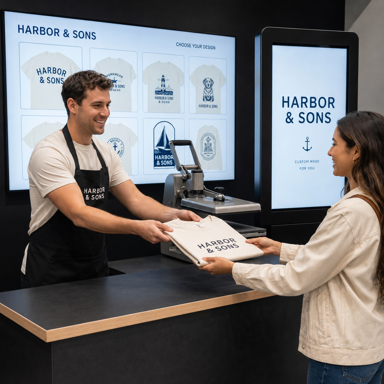 Freshly printed shirt handed to a guest at the counter