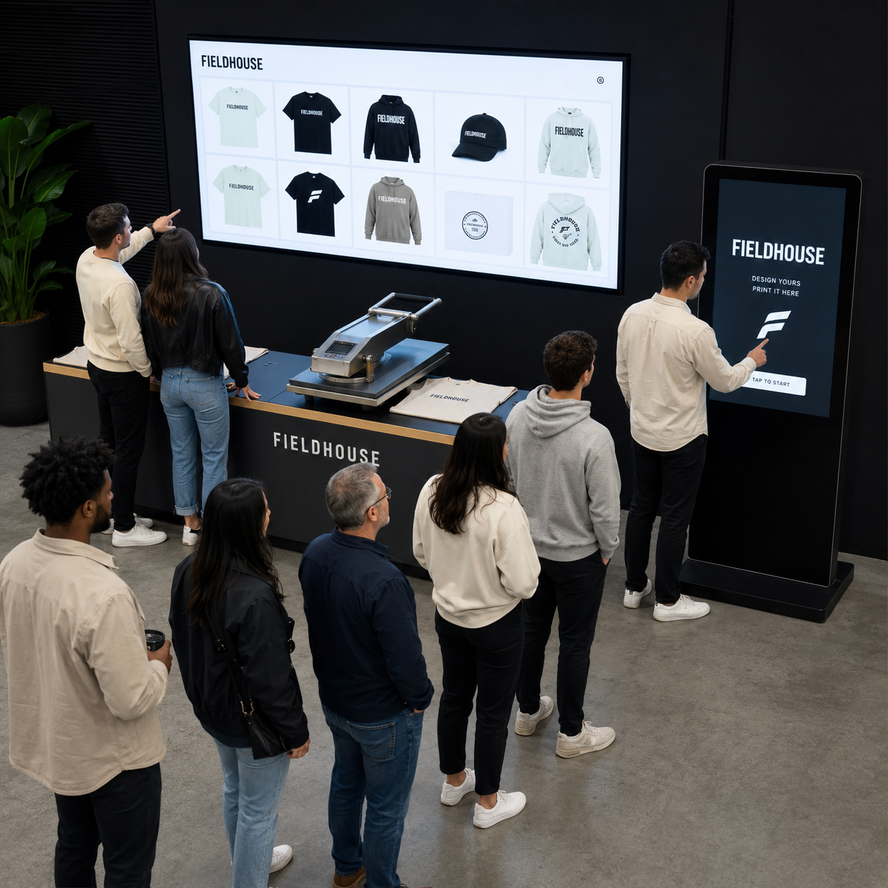 Guests gathered at the activation browsing designs on the big screen