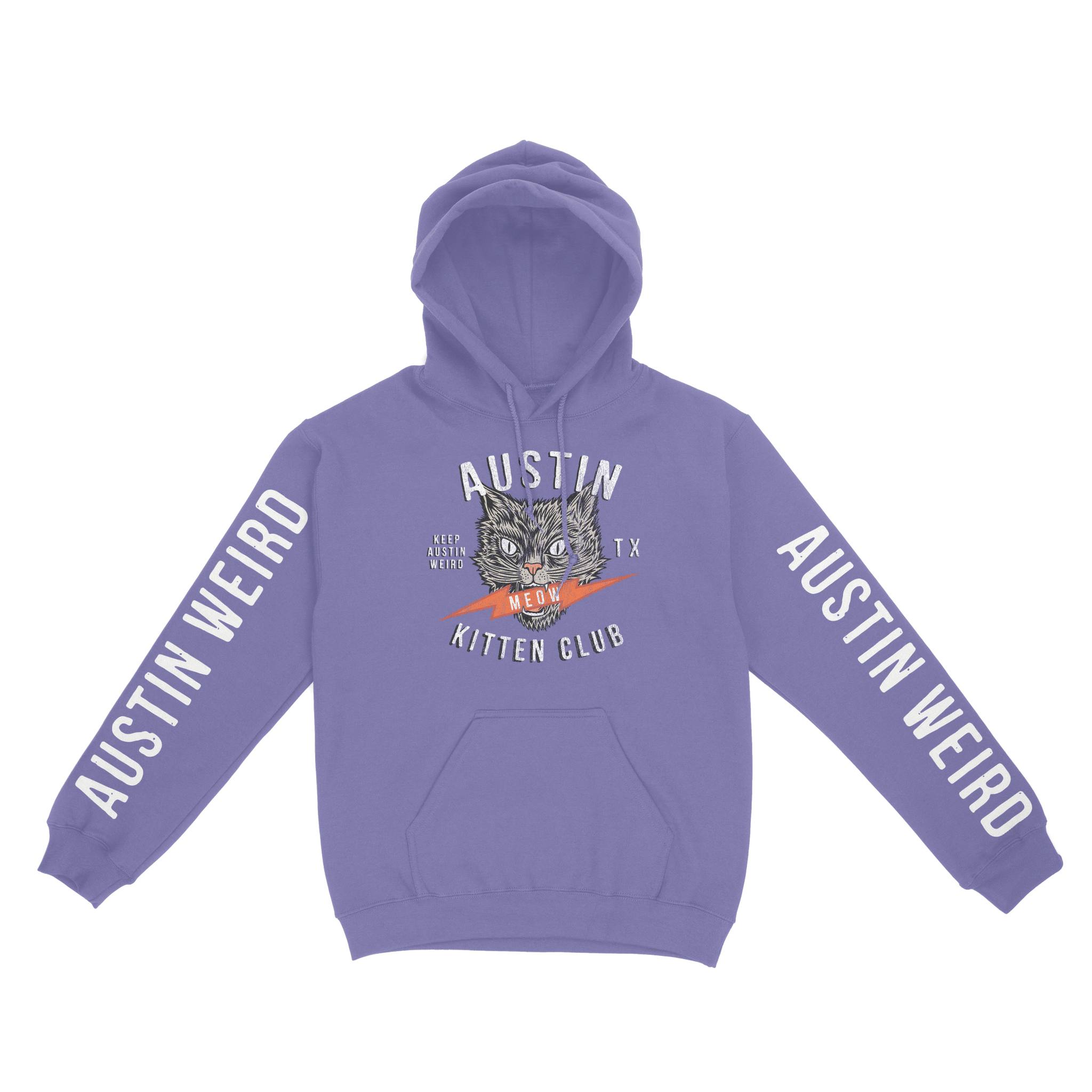 Austin Kitten Club Hoodie in Violet - front view with sleeves