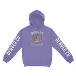 Denver Kitten Club Hoodie in Violet - front view with sleeves