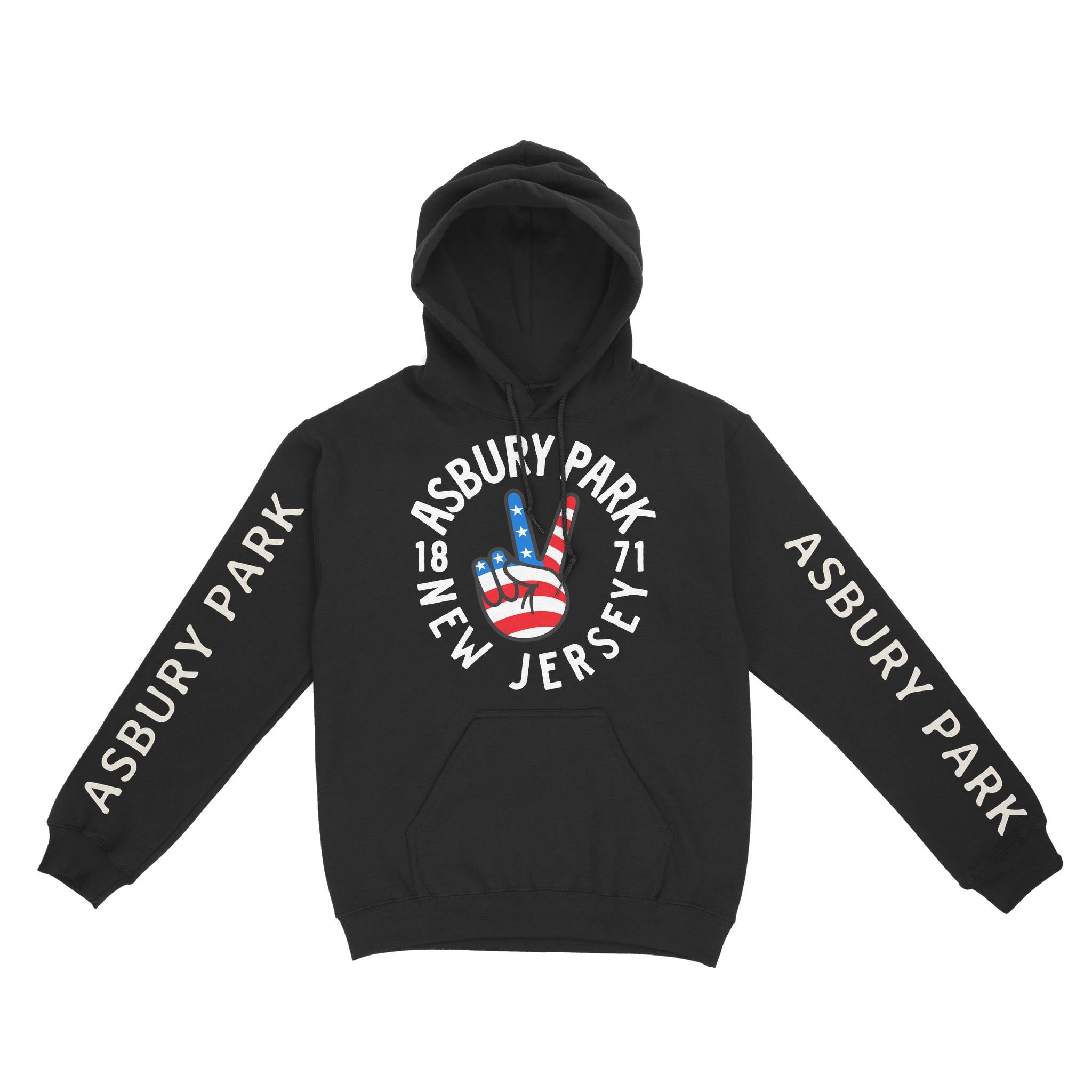 Asbury Park Peace Lover Hoodie in Black - front with sleeves view