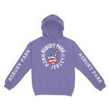 Asbury Park Peace Lover Hoodie in Violet - front with sleeves view