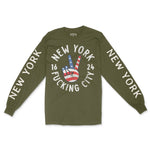 New York Peace Lover Longsleeve in Military Green - front view with sleeves