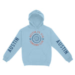 Austin Sun God Hoodie in Light Blue - front view with sleeves