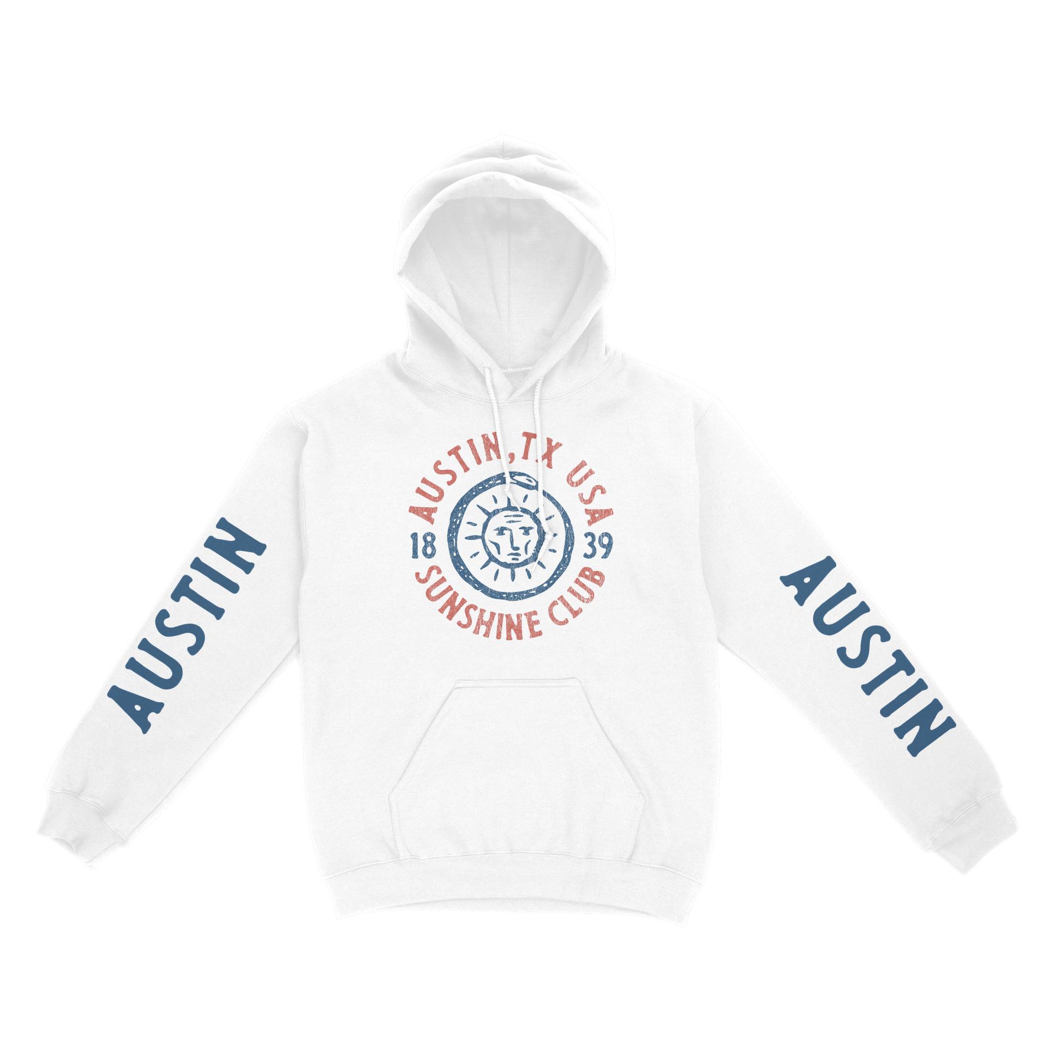 Austin Sun God Hoodie in White - front view with sleeves