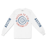 Austin Sun God Longsleeve in White - front view with sleeves