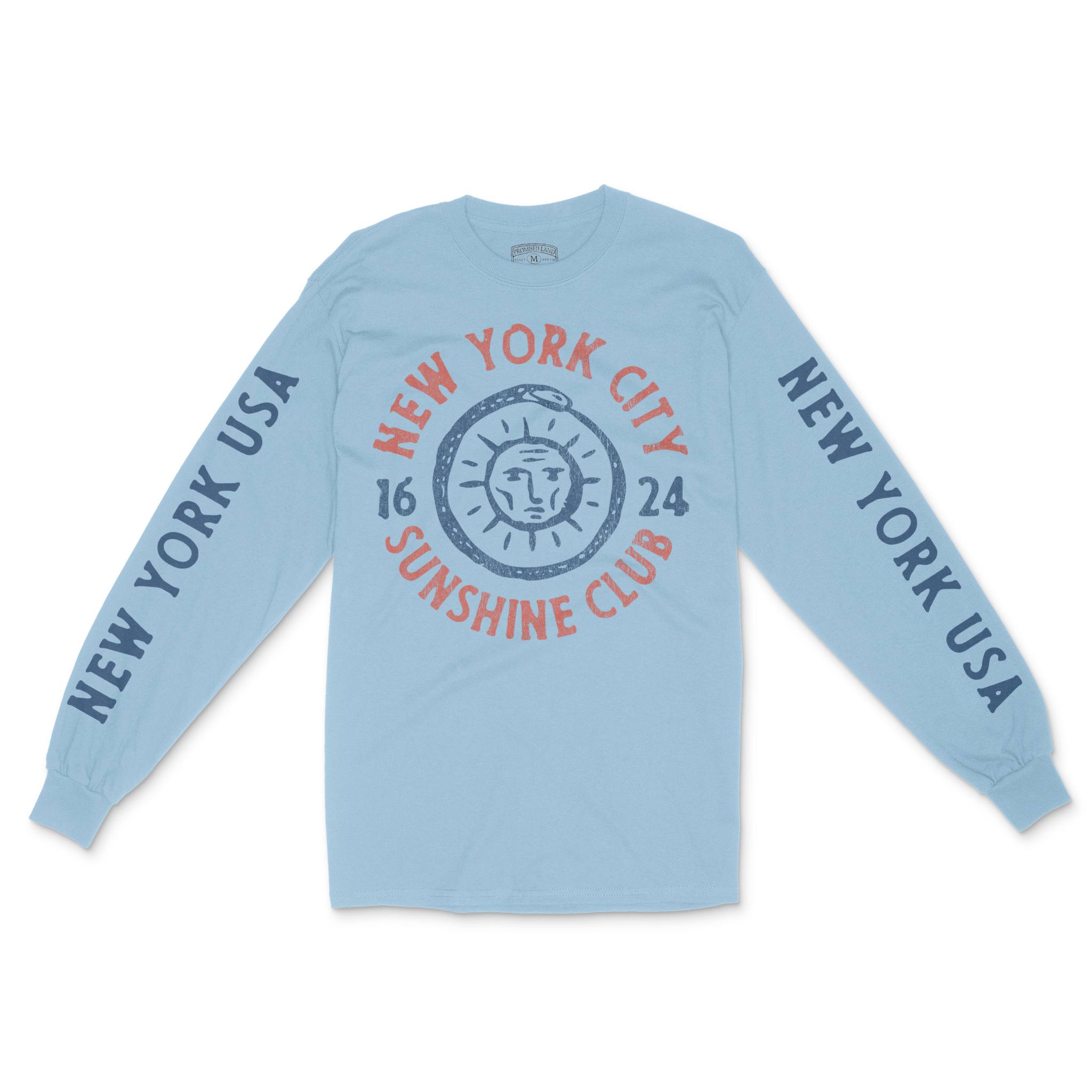 New York Sun God Longsleeve in Light Blue - front view with sleeves