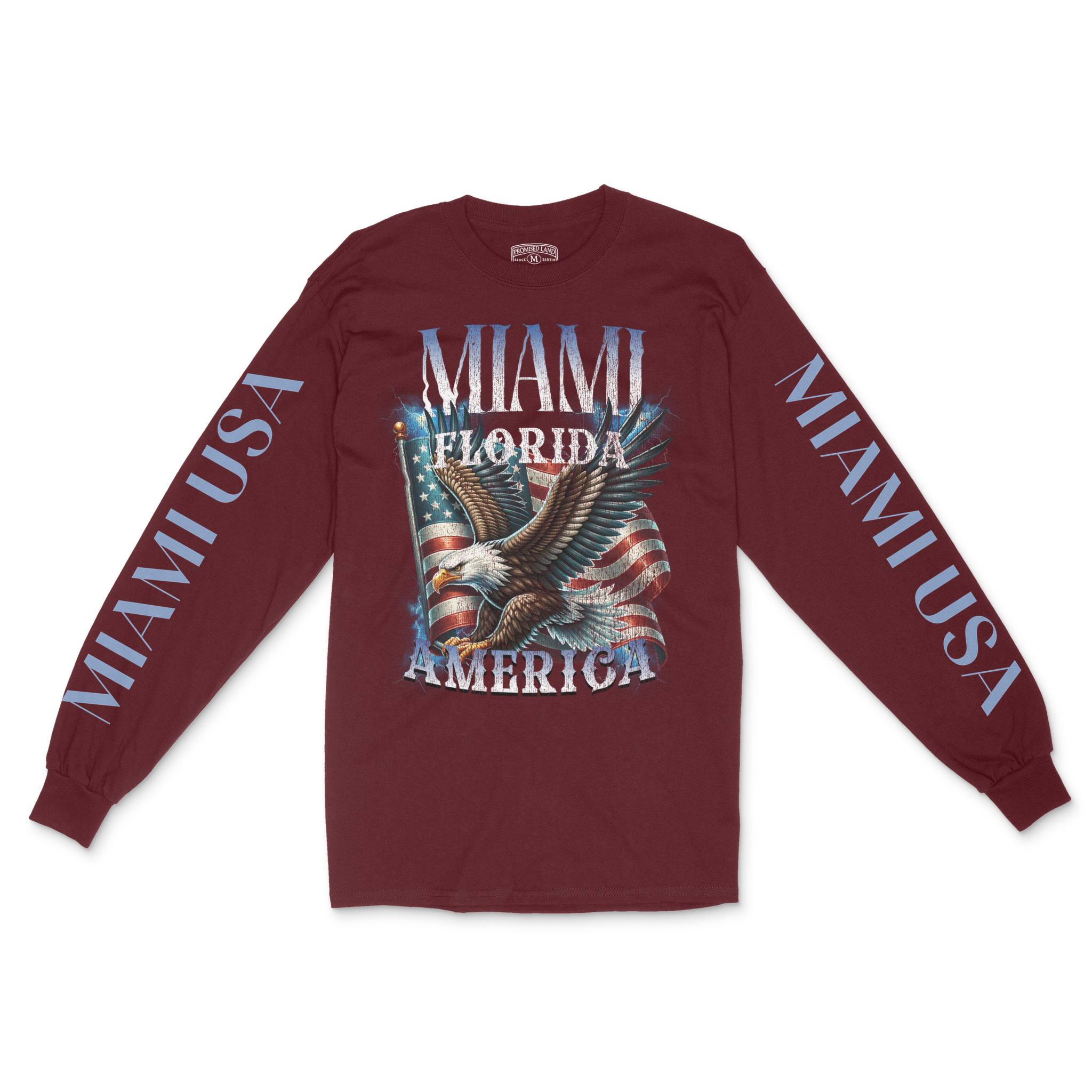 Miami Murica Longsleeve in Maroon - front with sleeves view