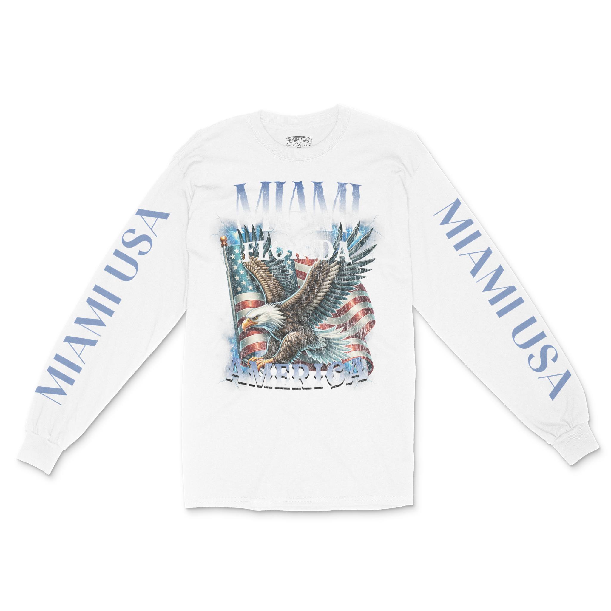 Miami Murica Longsleeve in White - front with sleeves view