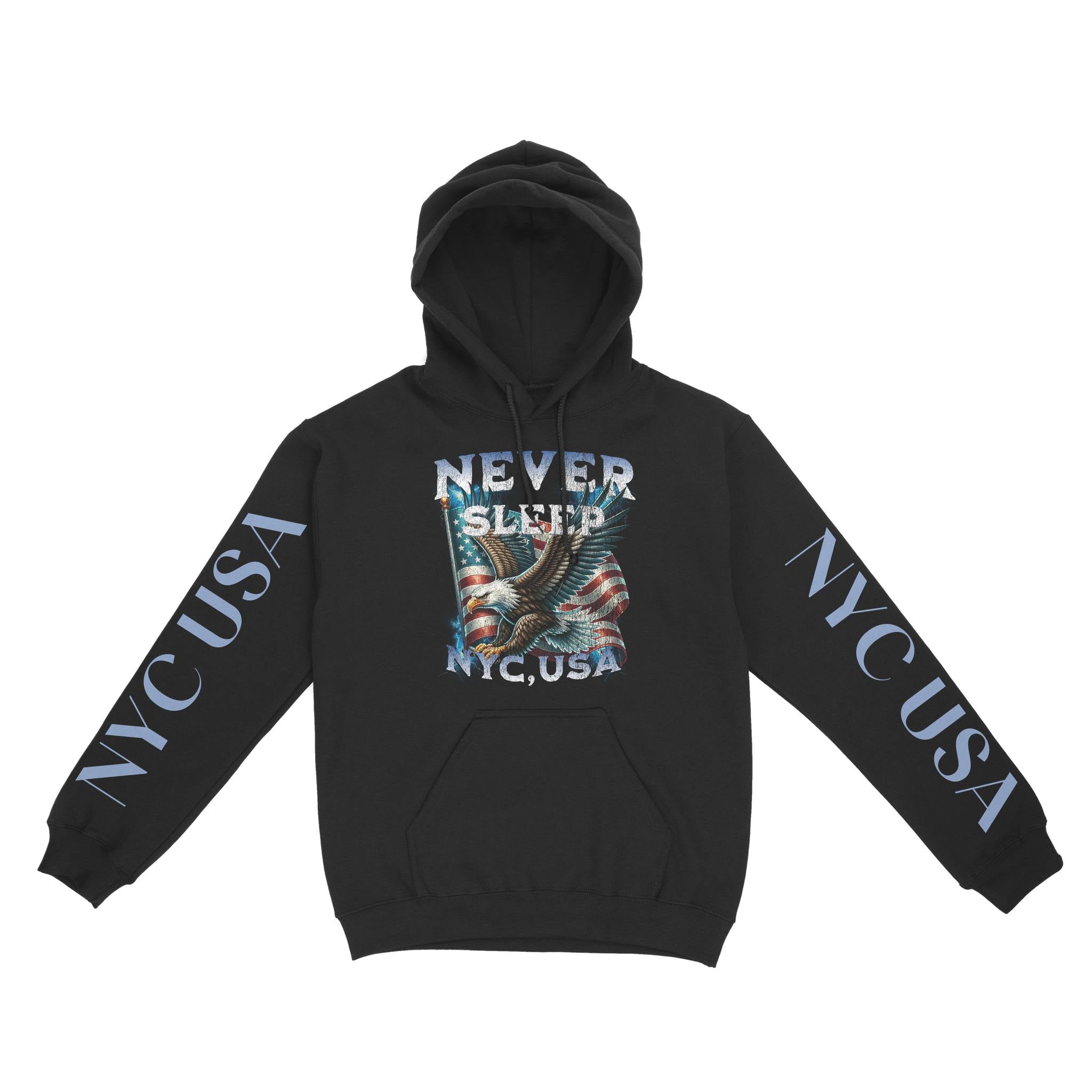 New York Murica Hoodie in Black - front view with sleeves
