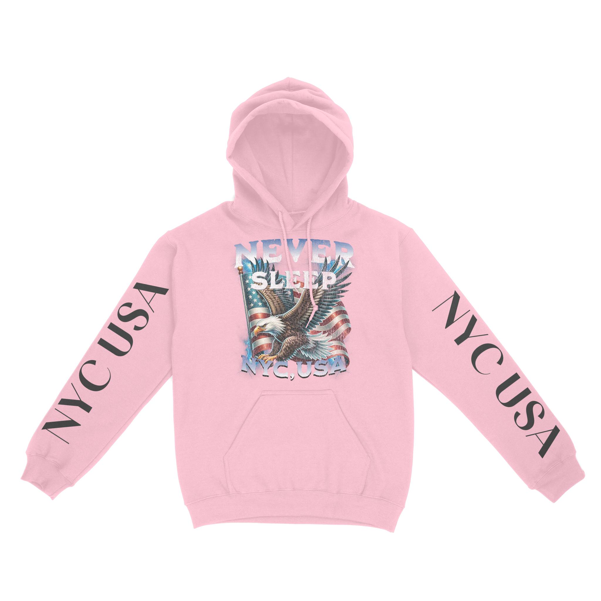 New York Hoodie in Light PInk - front-sleeves view