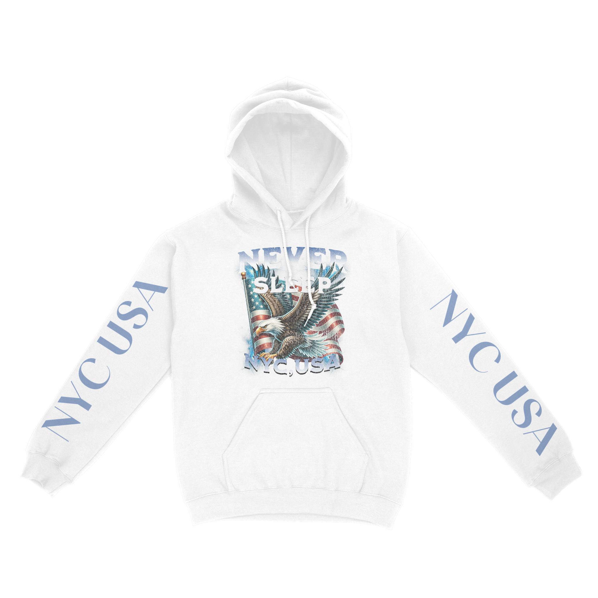 New York Murica Hoodie in White - front view with sleeves