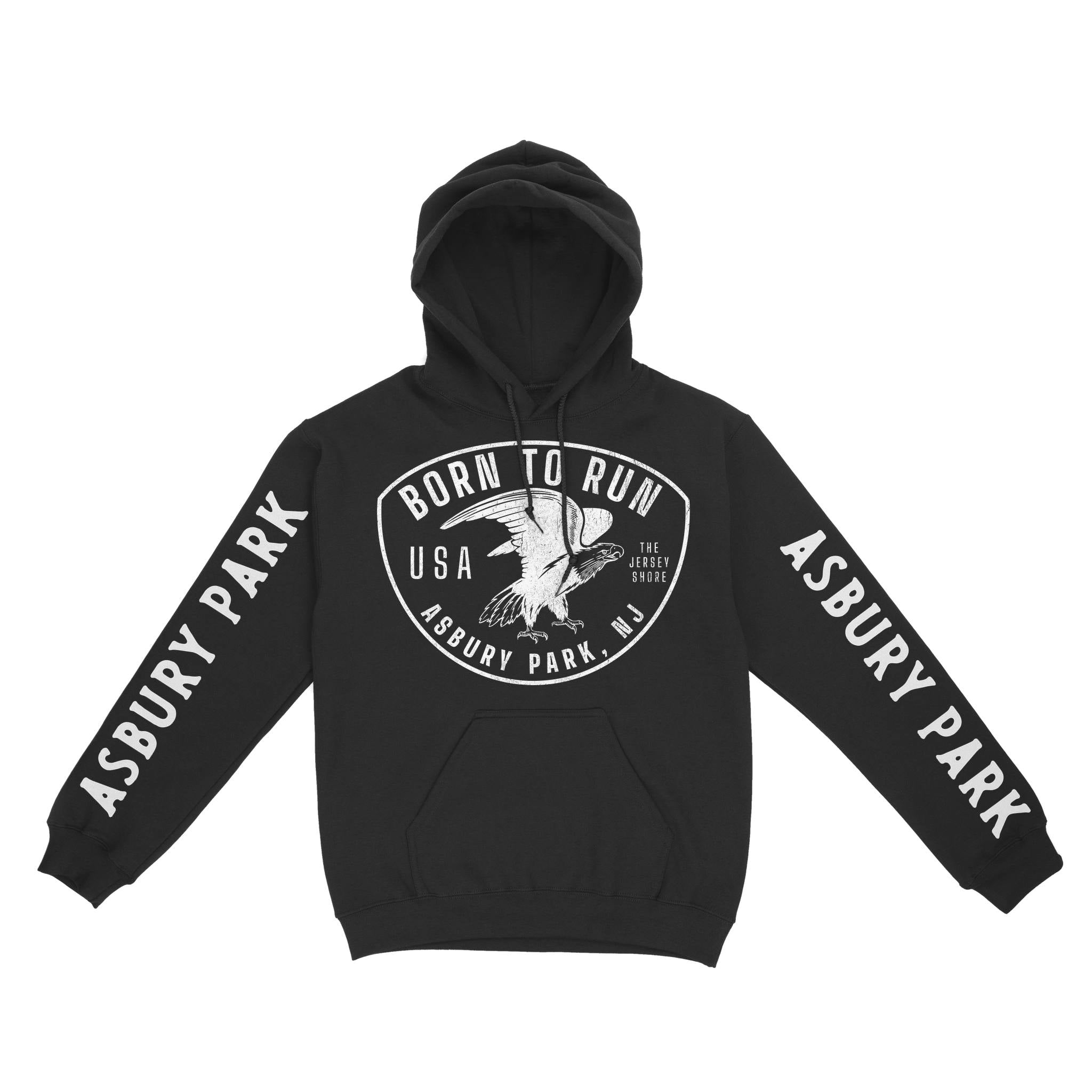 Asbury Park Bald Eagle Hoodie in Black - front with sleeves view