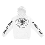 Asbury Park Bald Eagle Hoodie in White - front with sleeves view