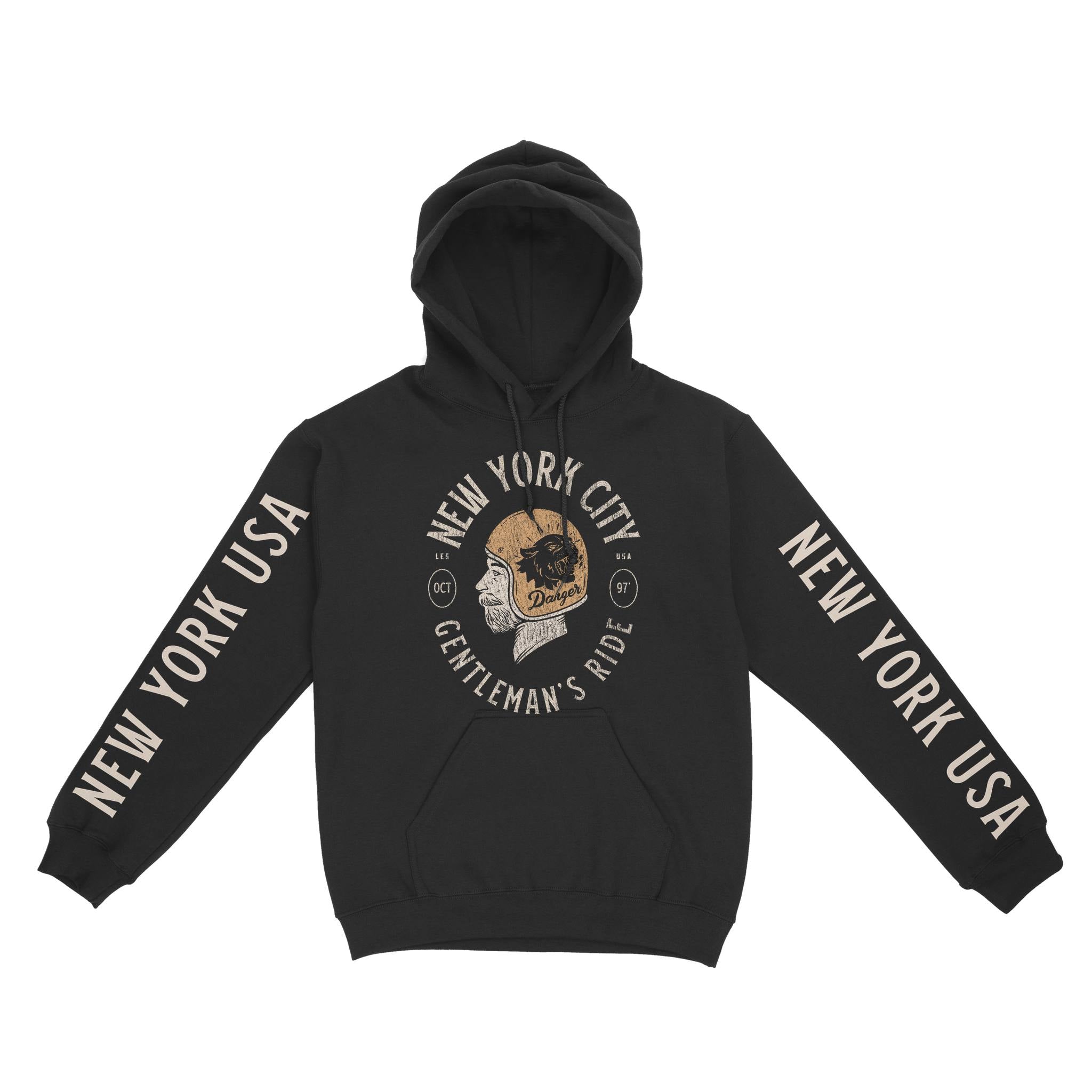New York Rider Hoodie in Black - front view with sleeves