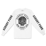 Asbury Park Skull Crusher Longsleeve in White - front with sleeves view