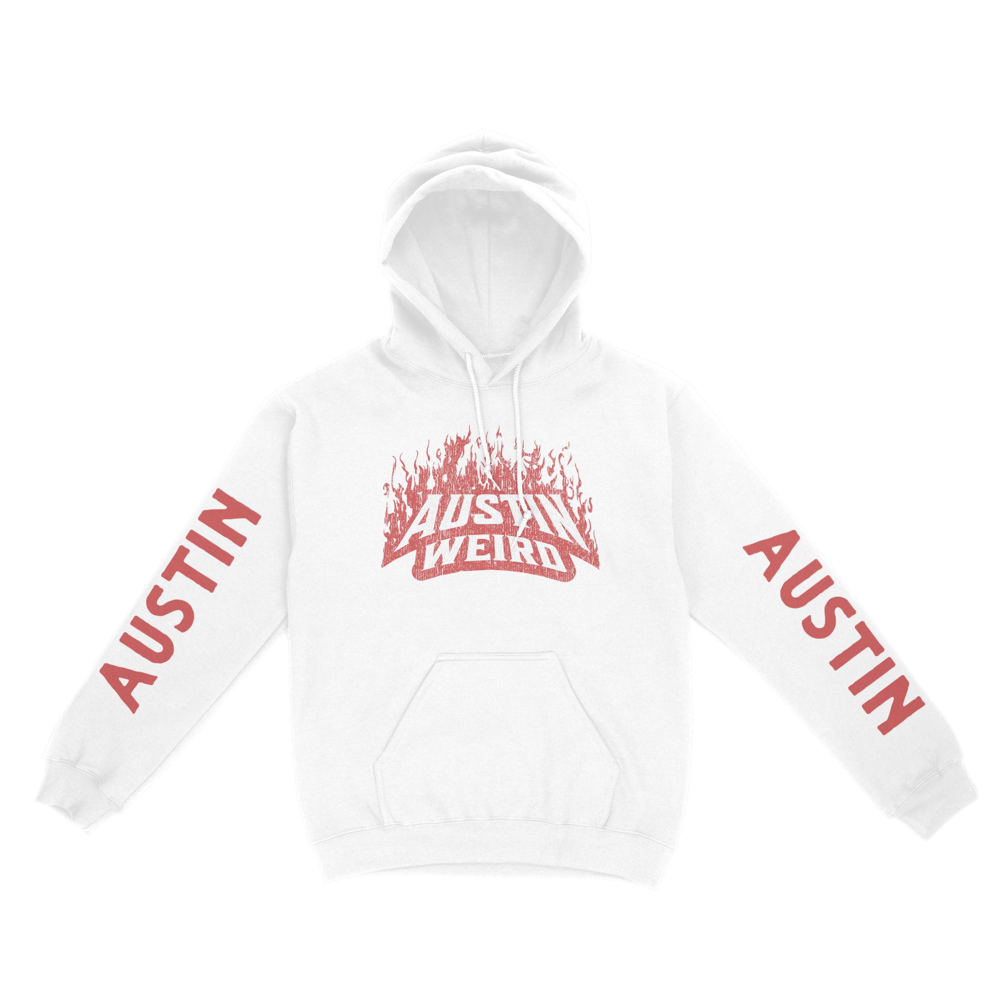Austin Shredder Hoodie in White - front view with sleeves