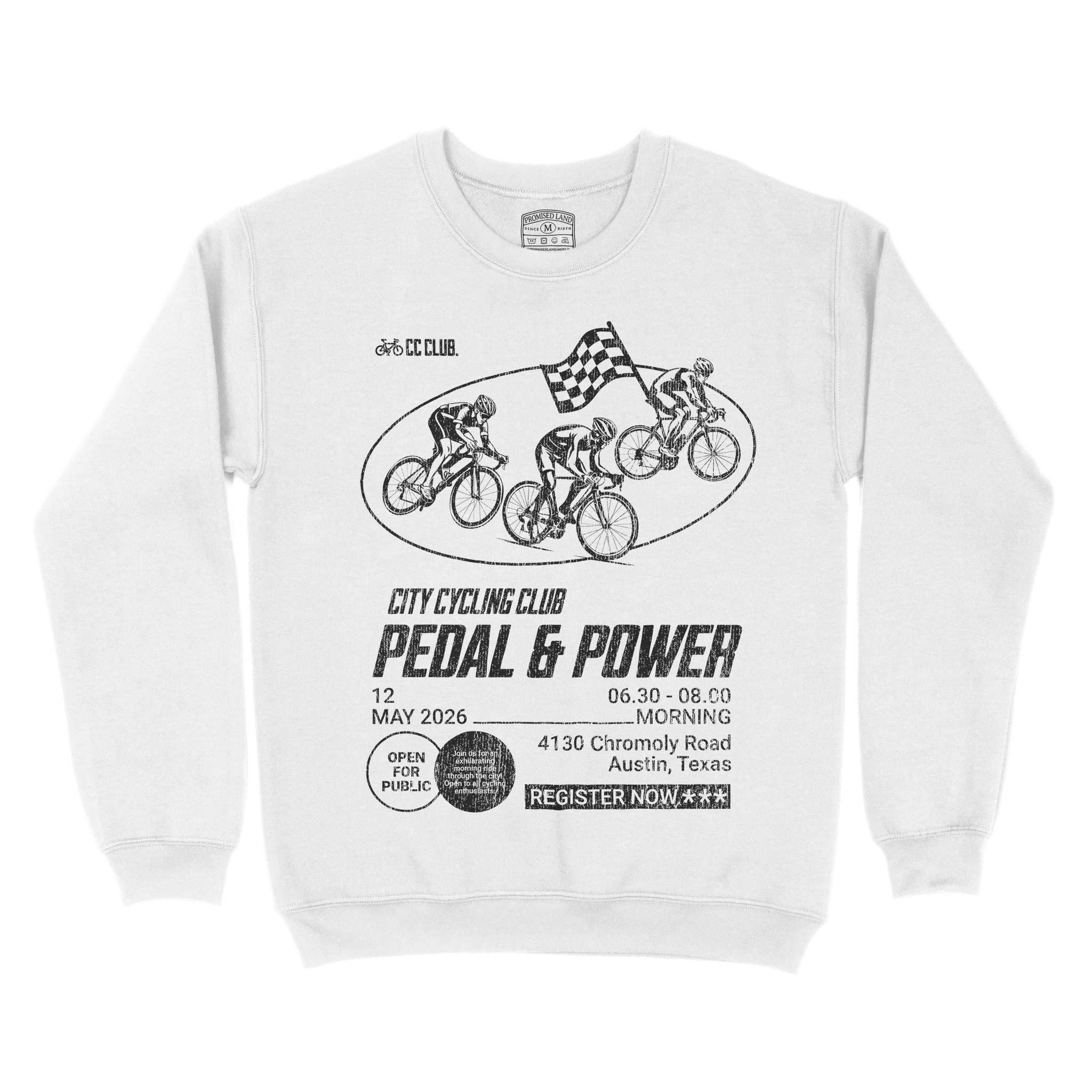 Austin Bike Club Crewneck White front