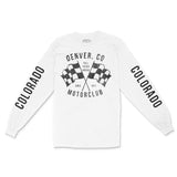 Denver Motorclub Longsleeve in White - front view with sleeves