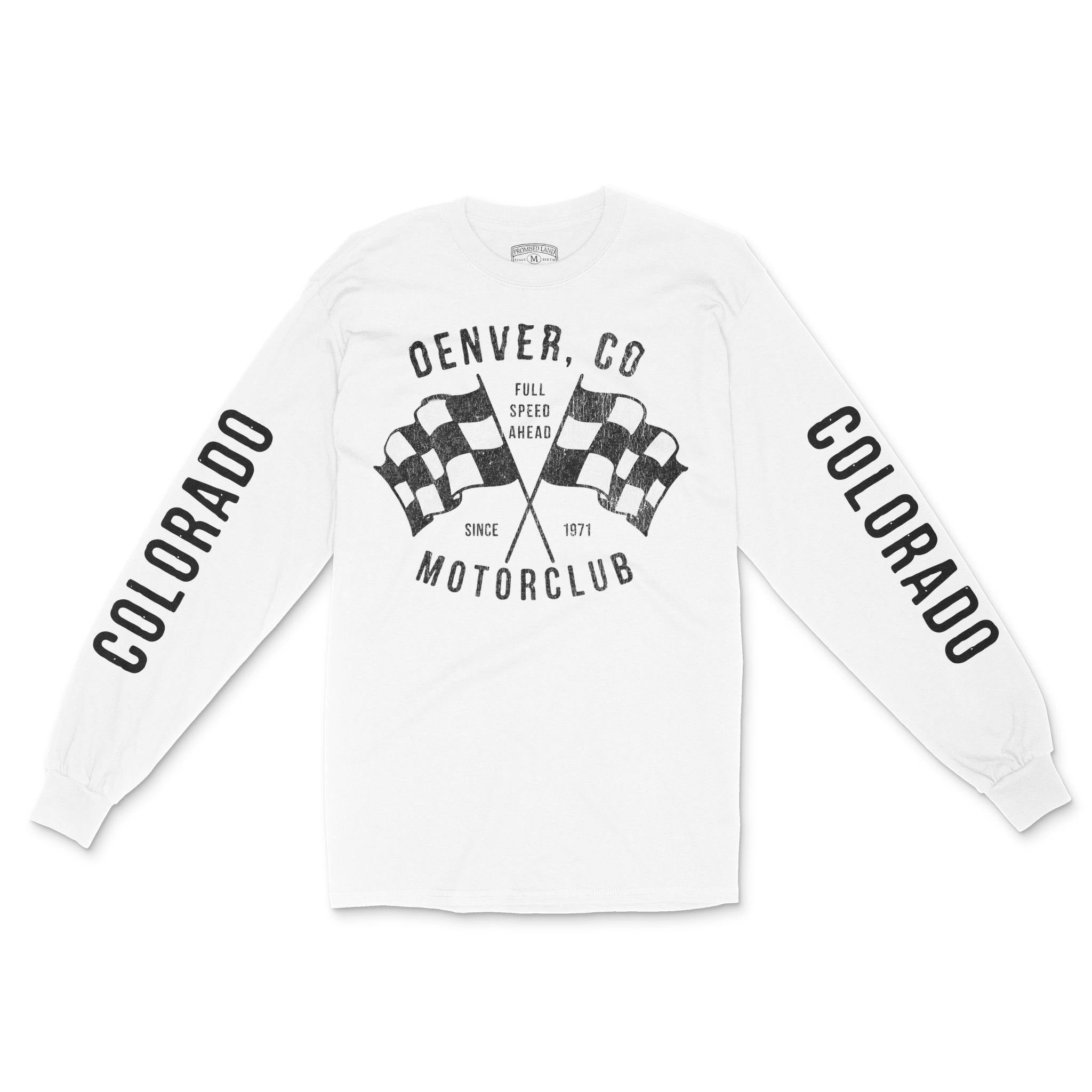 Denver Motorclub Longsleeve in White - front view with sleeves