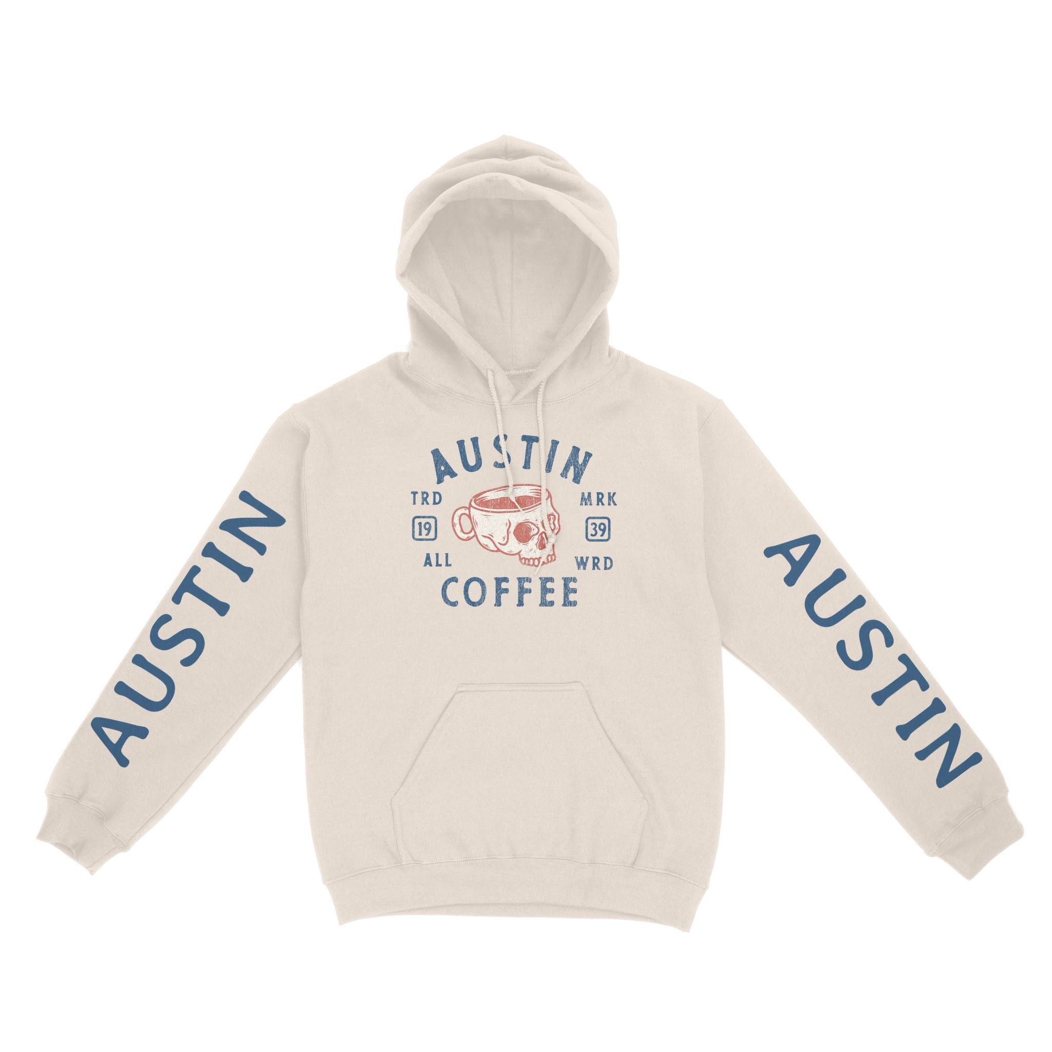 Austin Coffee Company Hoodie in Natural - front view with sleeves
