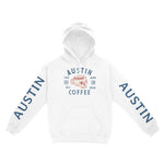 Austin Coffee Company Hoodie in White - front view with sleeves