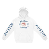 Austin Coffee Company Hoodie in White - front view with sleeves