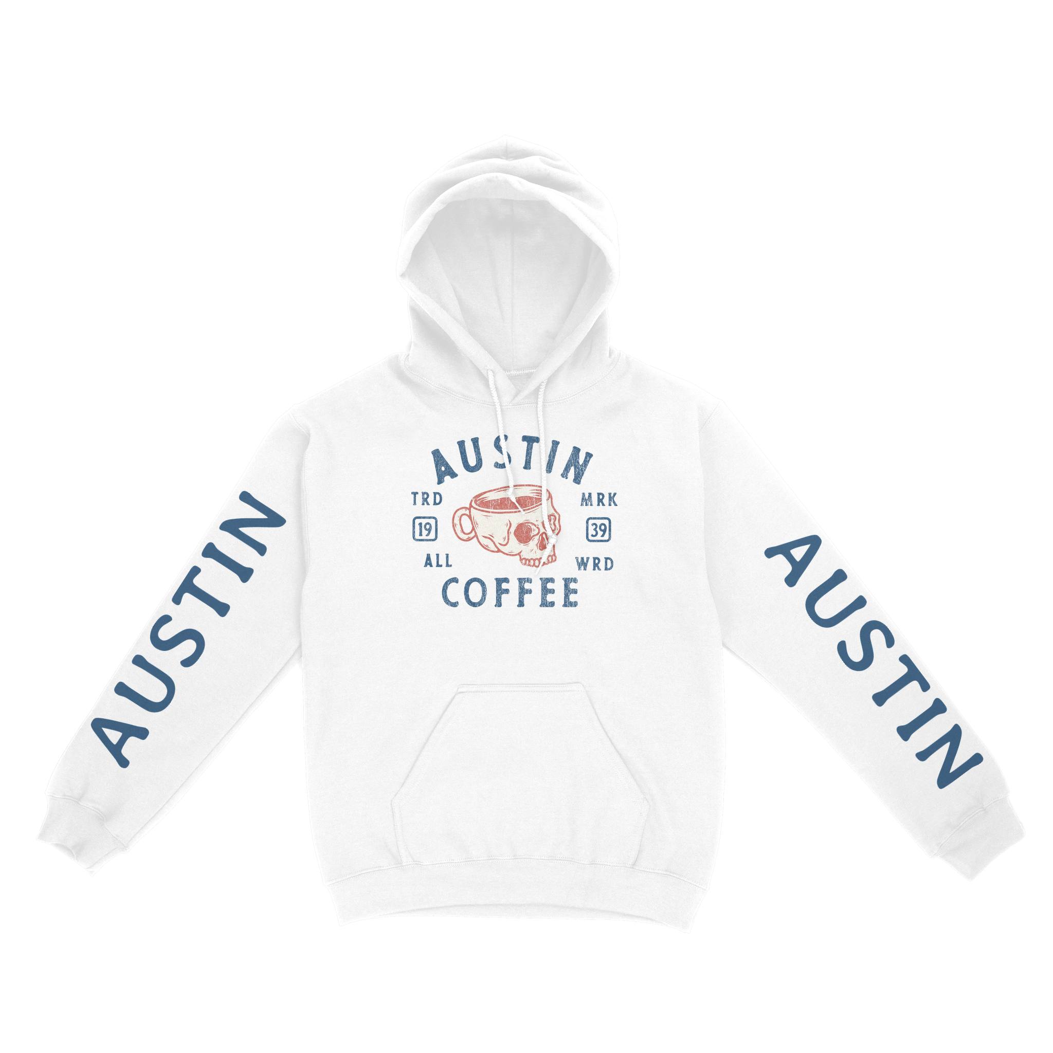 Austin Coffee Company Hoodie in White - front view with sleeves