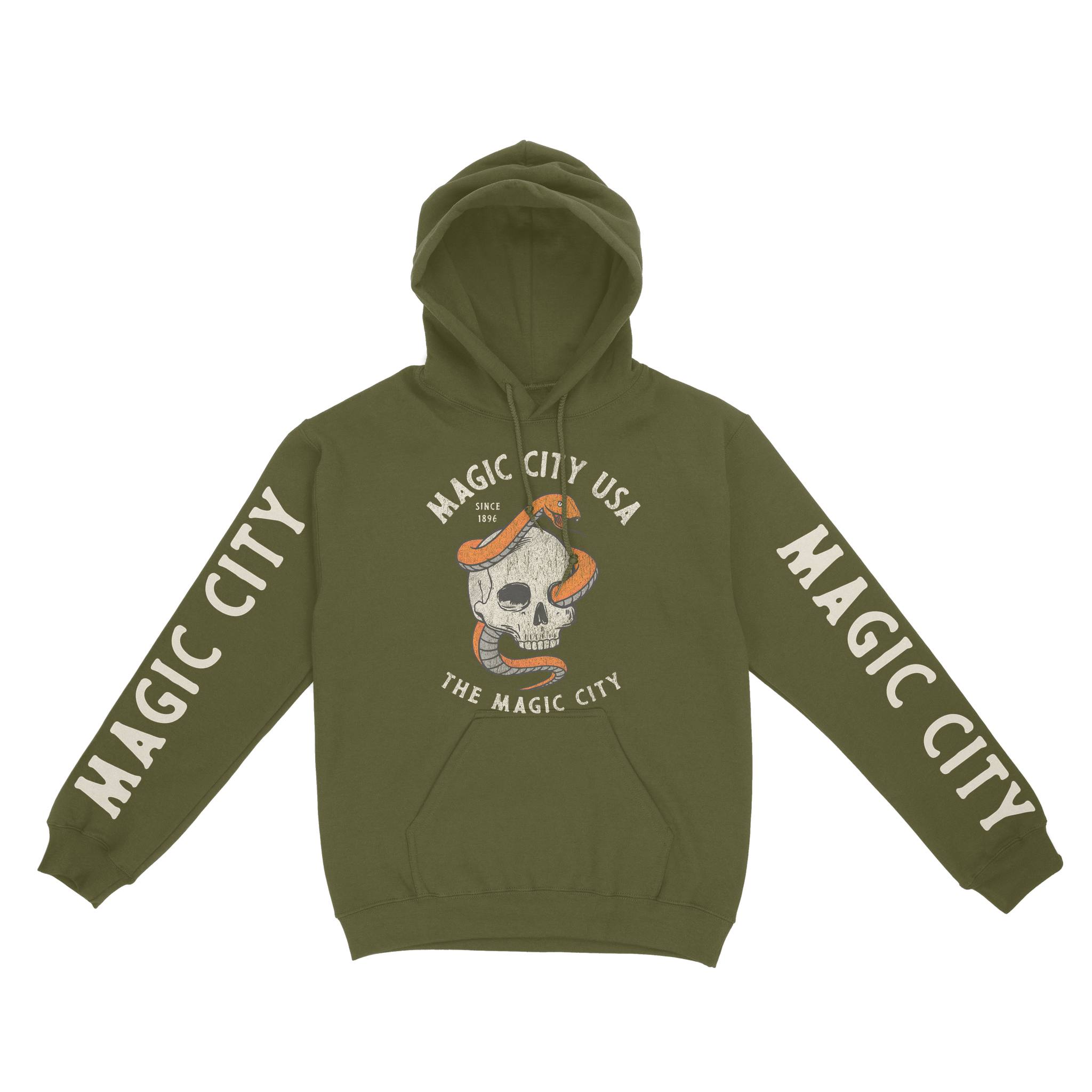 Miami Skull Snake Hoodie in Military Green - front view with sleeves