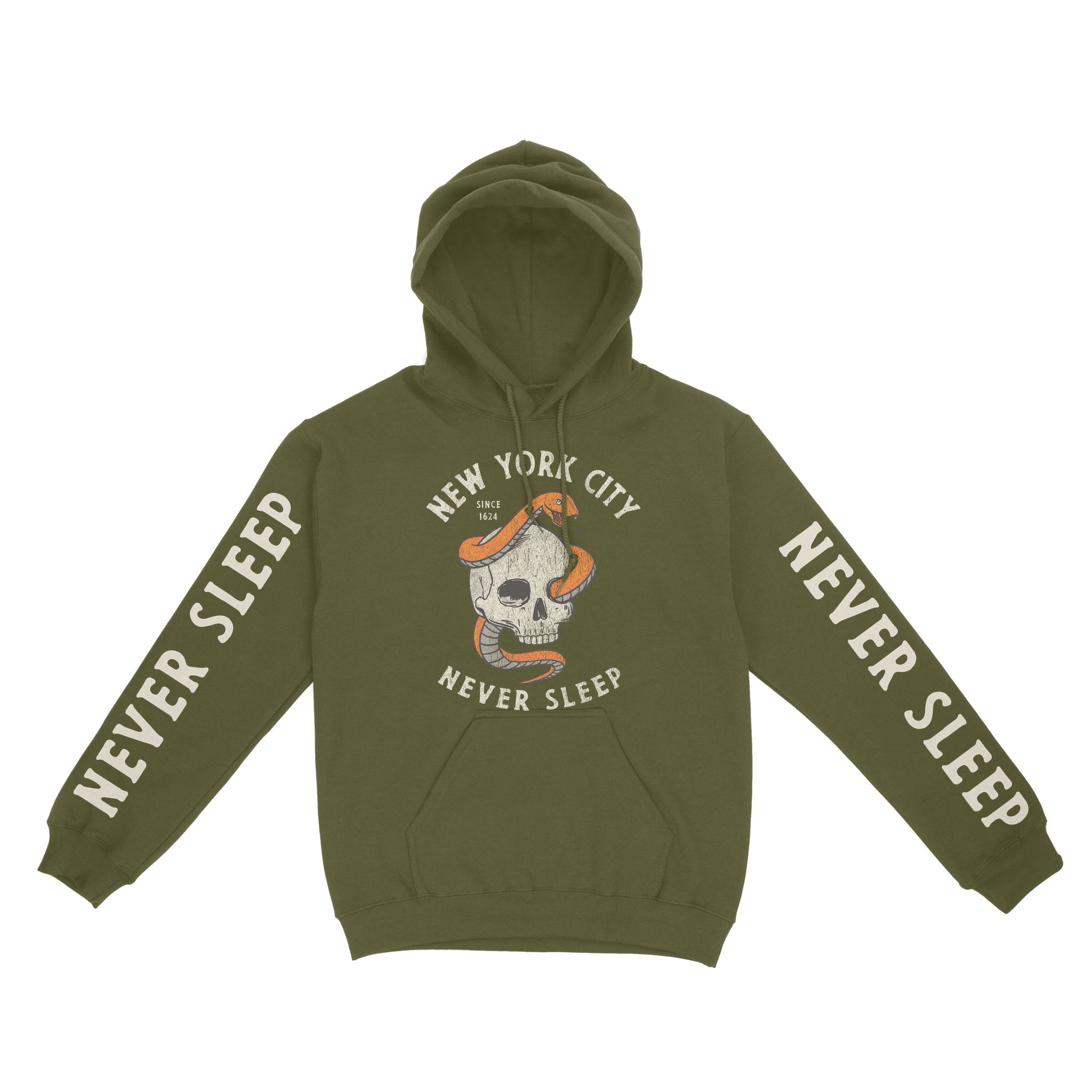 New York Skull Snake Hoodie in Military_Green - front view with sleeves