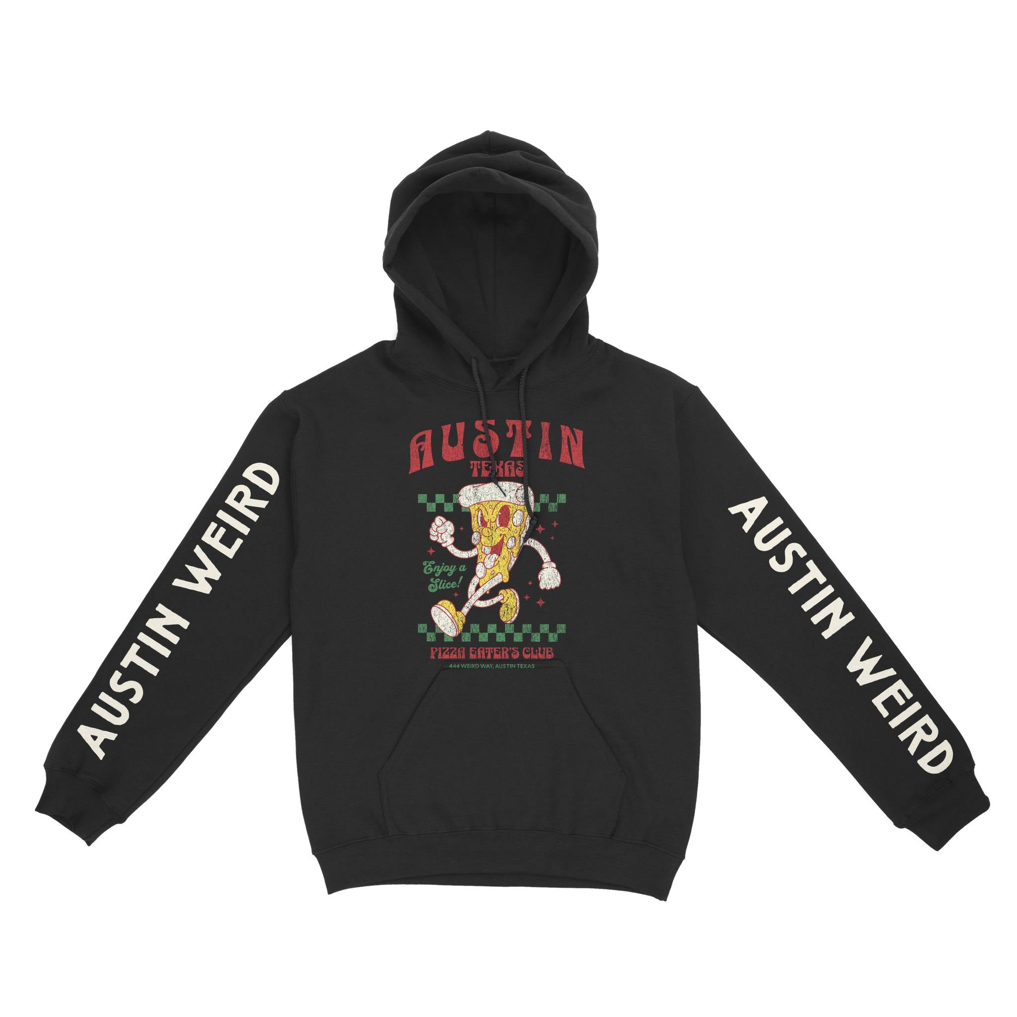 Austin Pizza Boy Hoodie in Black - front view with sleeves