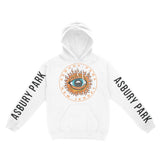Asbury Park Eye Sublime Hoodie in White - front with sleeves view