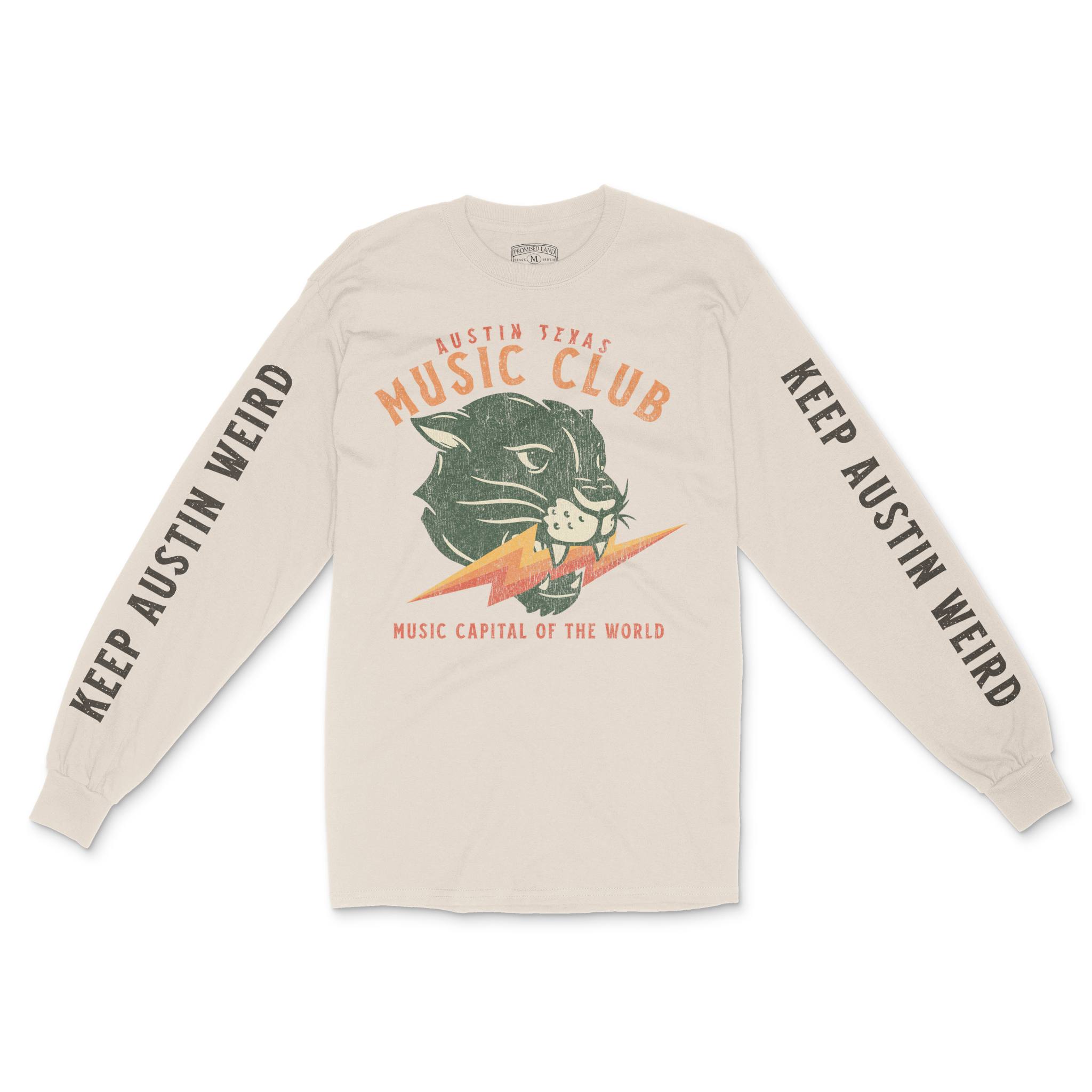 Austin Music Club Longsleeve in Natural - front view with sleeves