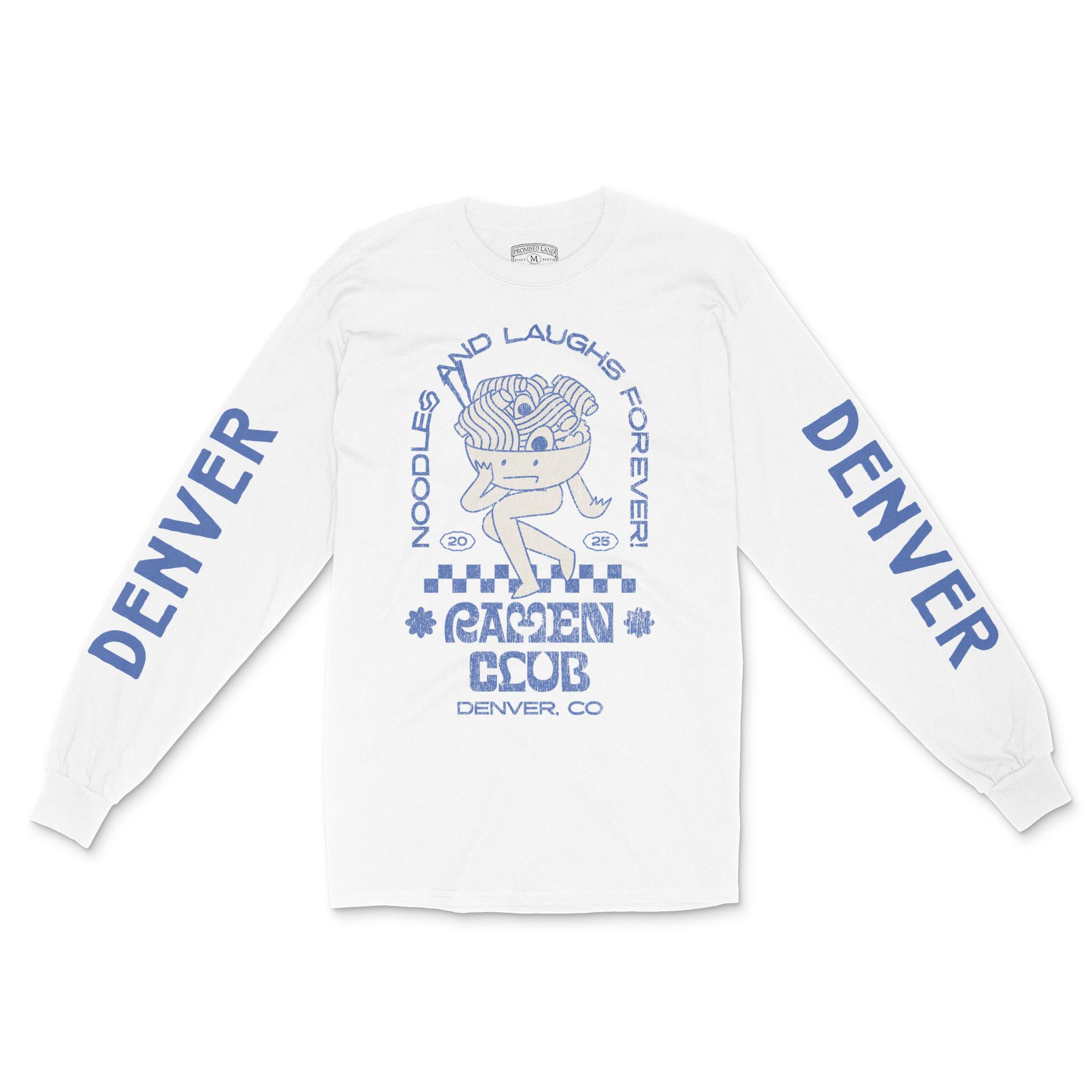 Denver Ramen Club Longsleeve in White - front view with sleeves