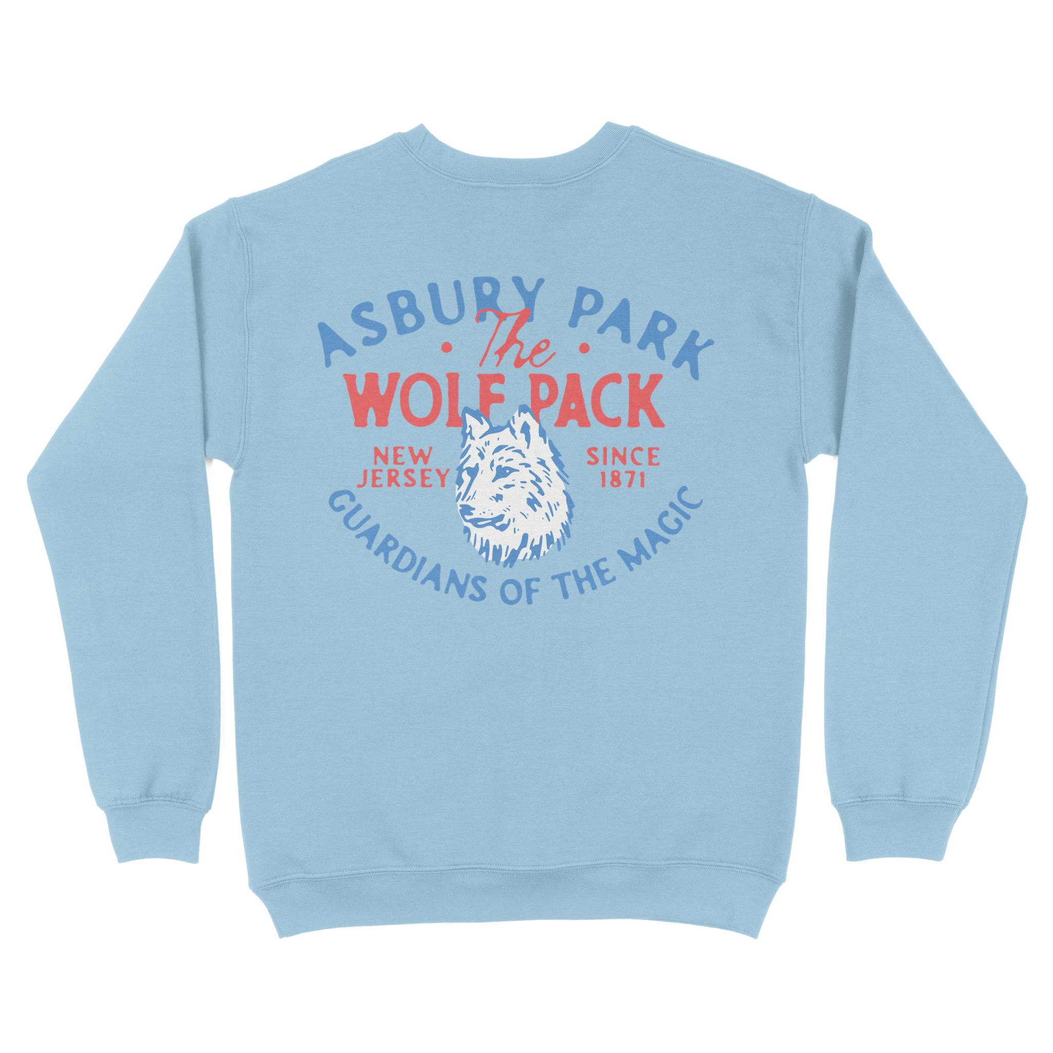 Asbury Park Wolf Daddy Crewneck in Light Blue - back view