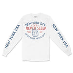 New York Wolf Daddy Longsleeve in White - front view with sleeves