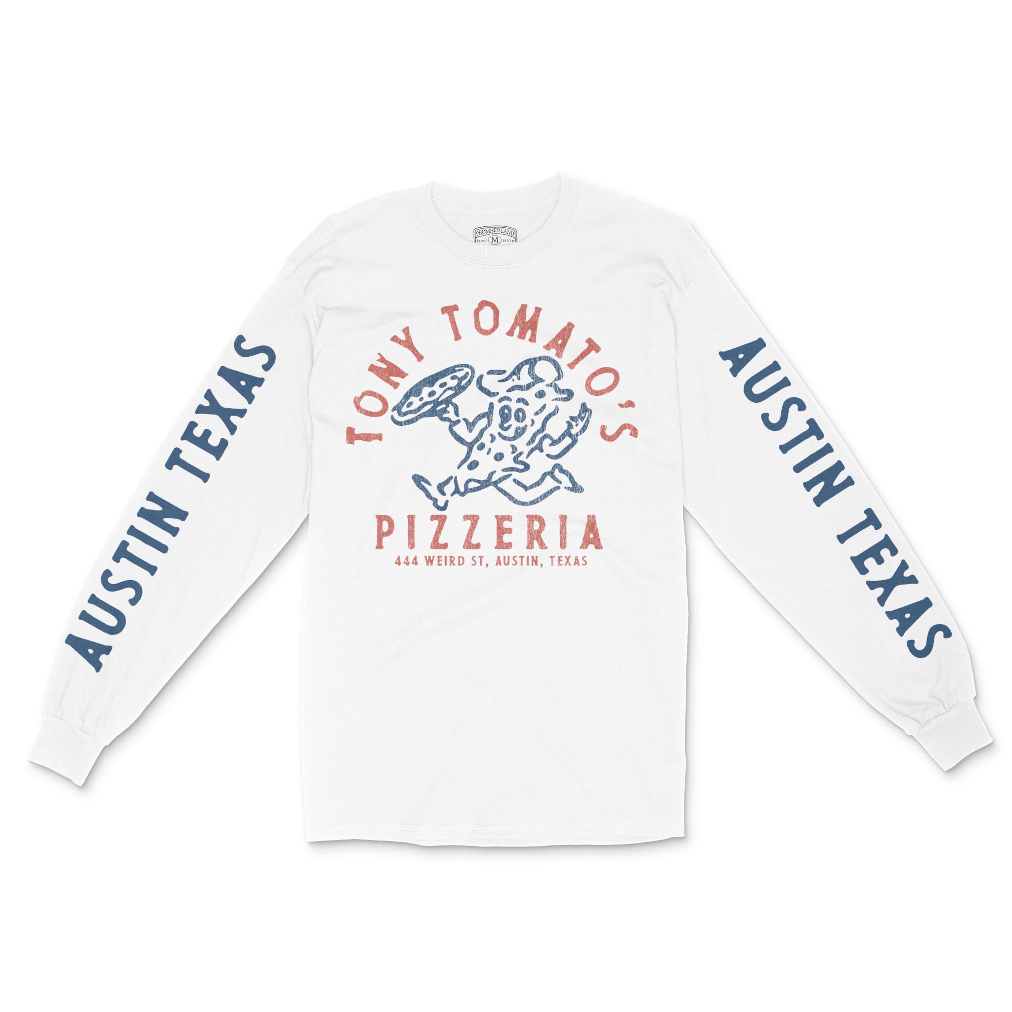 Austin Pizza Time Longsleeve in White - front view with sleeves