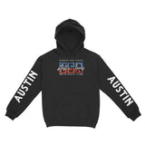 Austin Retro USA Hoodie in Black - front view with sleeves
