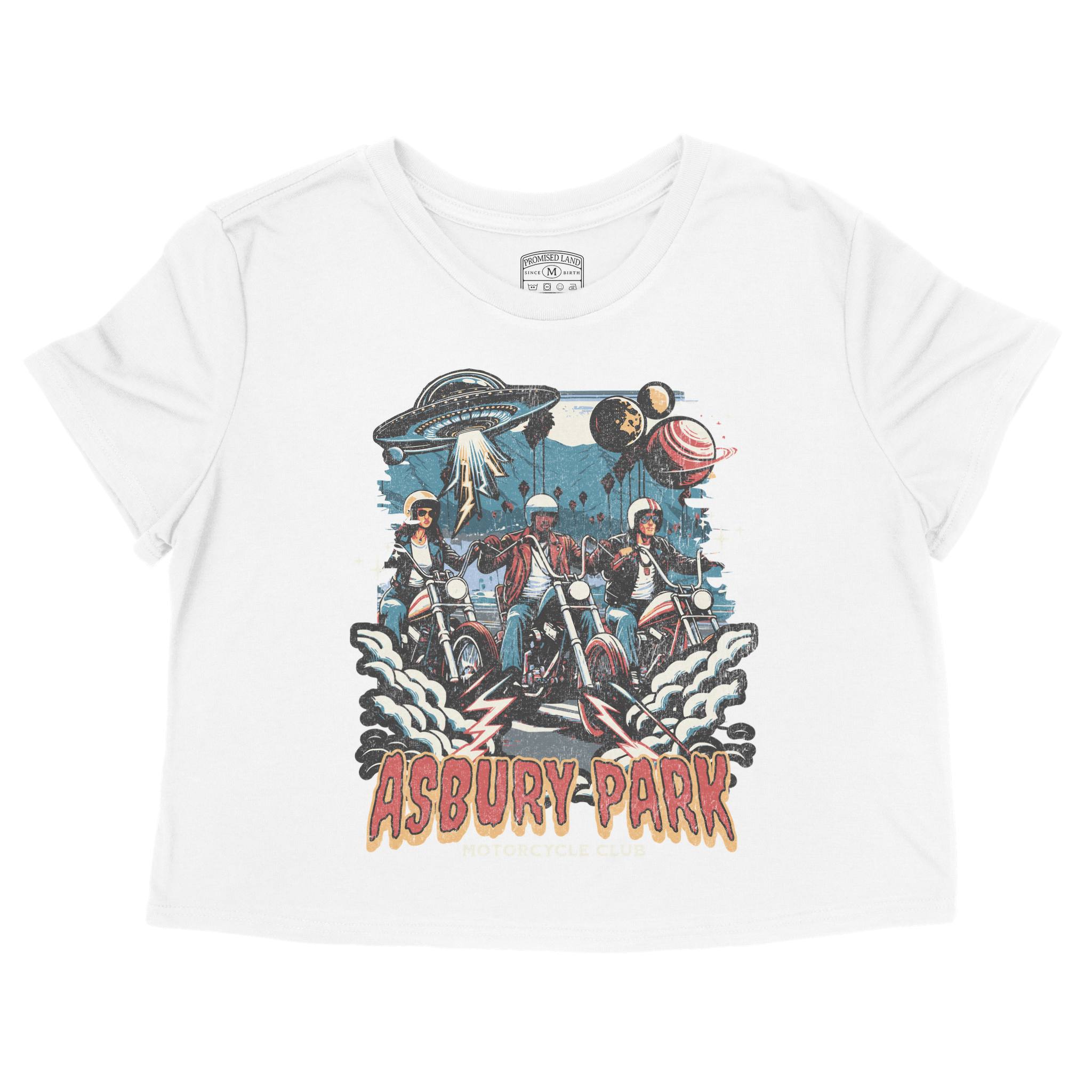 Asbury Park UFO Biker Cropped Tee in White - front view