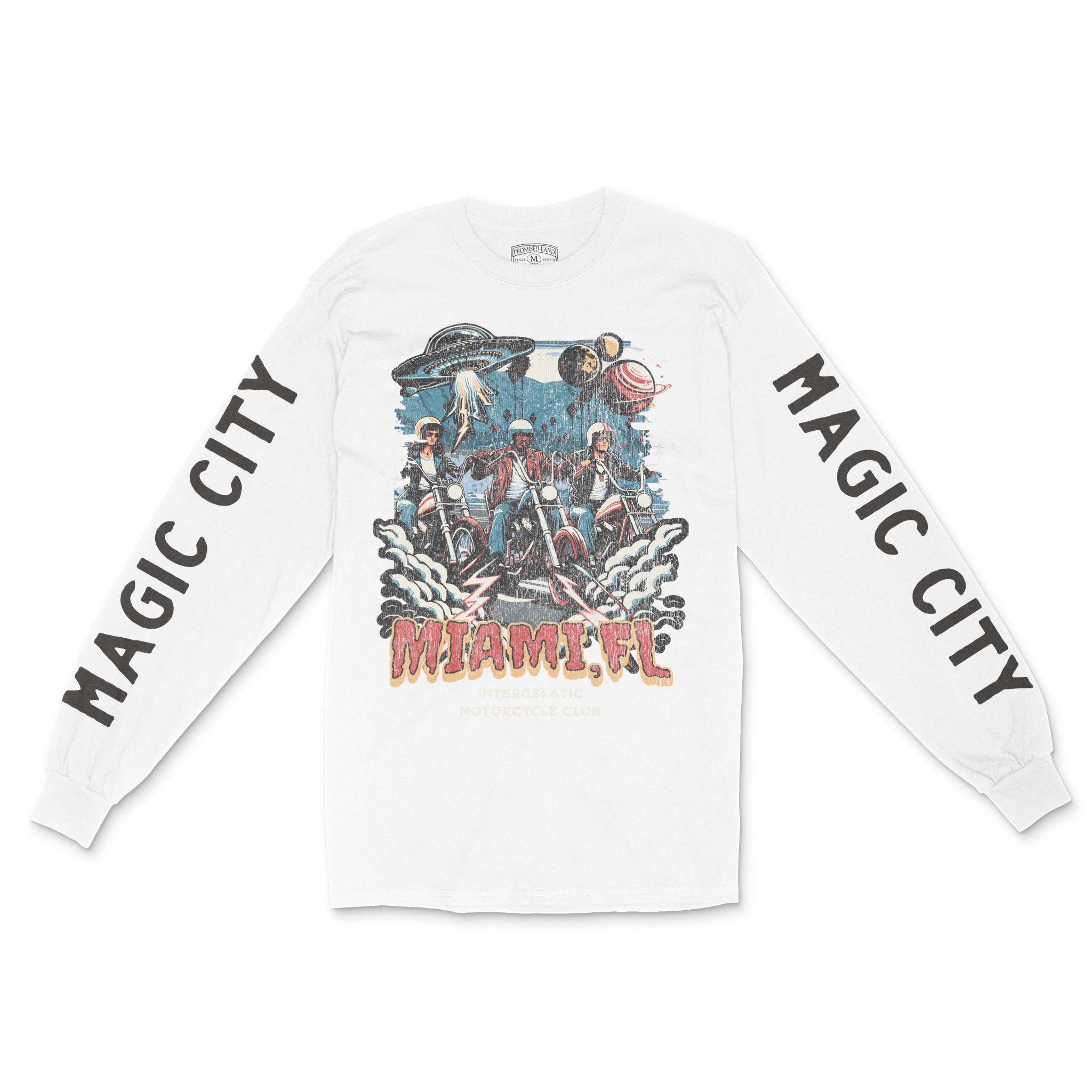 Miami UFO Biker Longsleeve in White - front view with sleeves