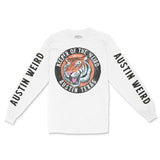 Austin Tiger Dude Longsleeve in White - front view with sleeves
