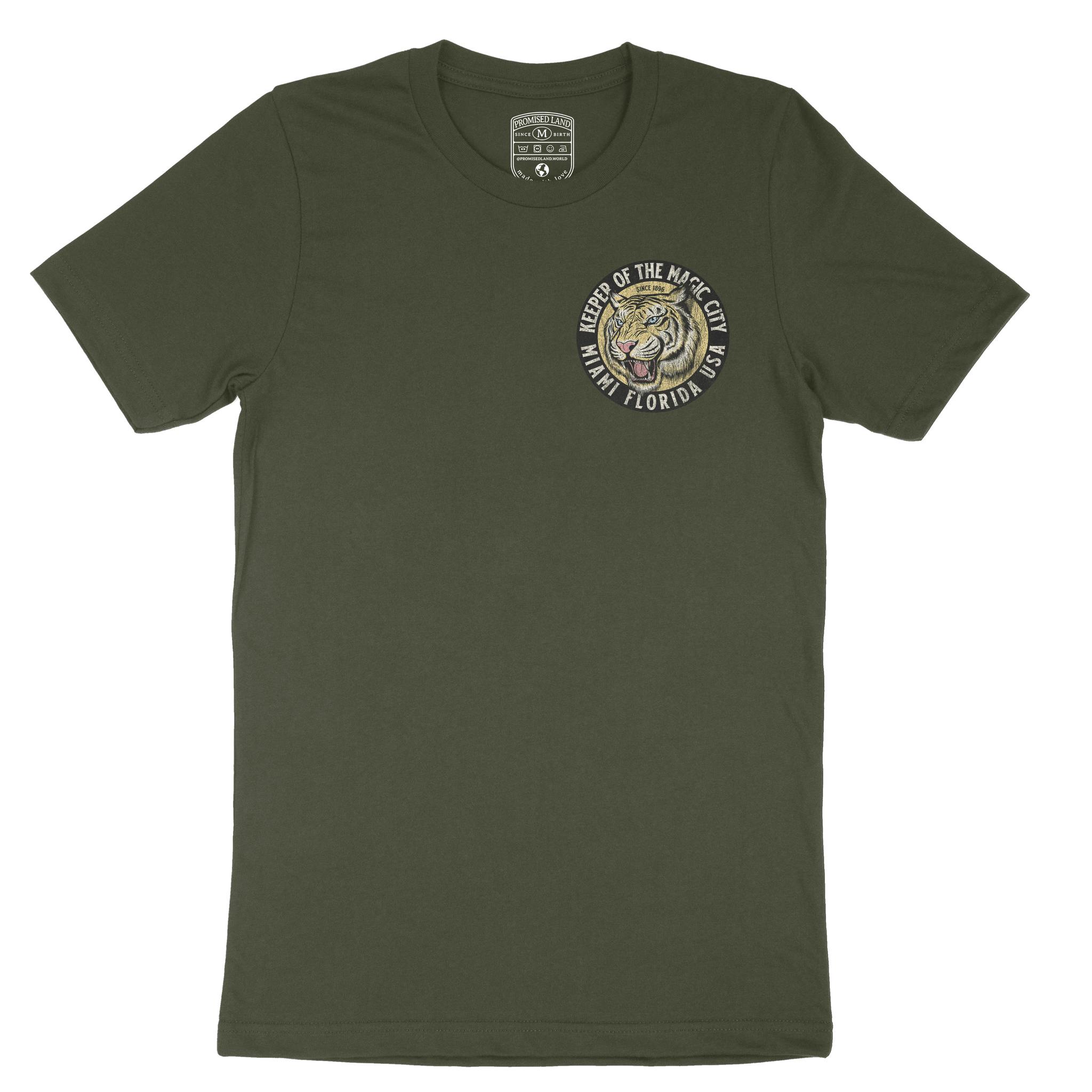 Miami White Tiger Dude T-Shirt Military Green front