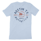 Austin Moto Helmet T-Shirt Baby Blue back