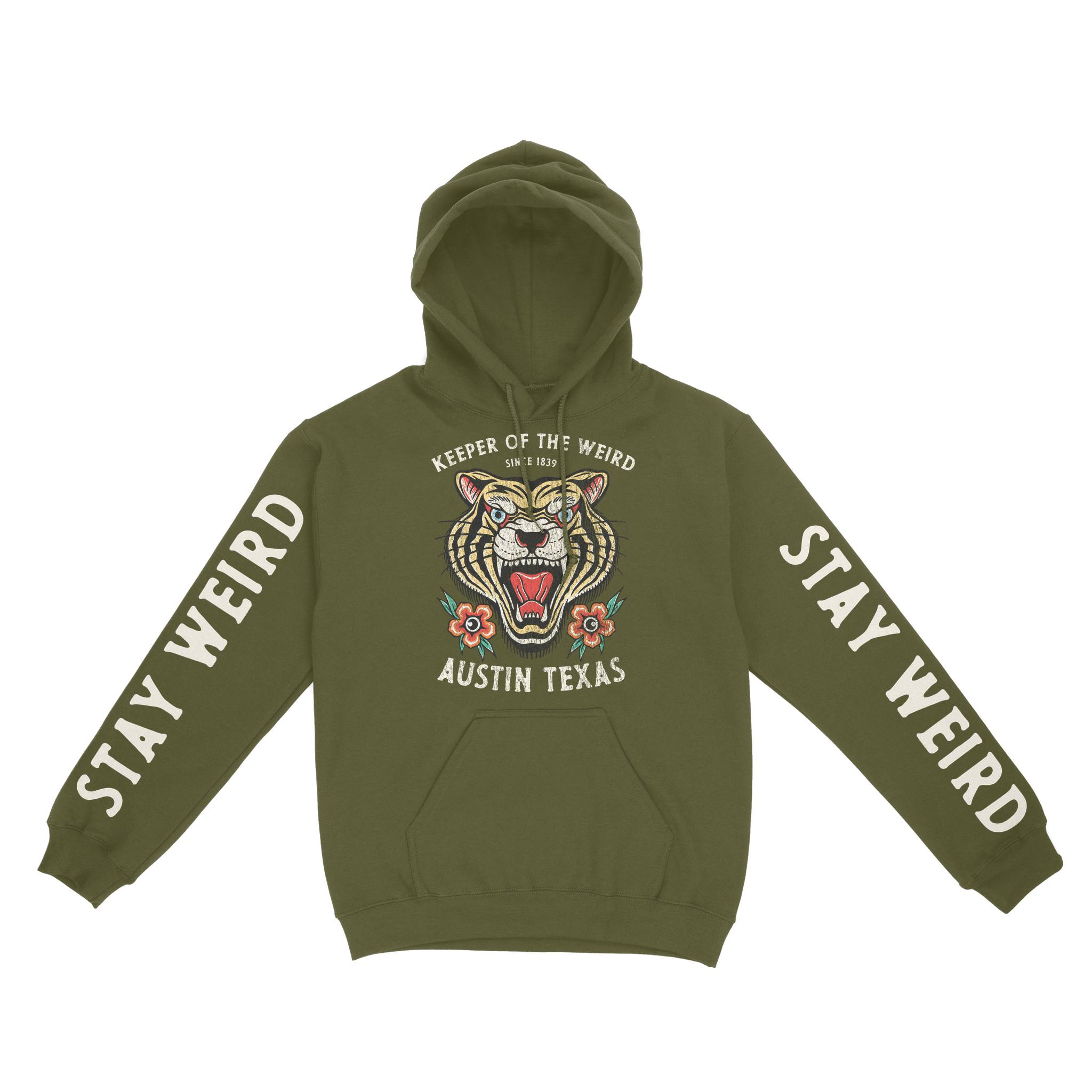 Austin Tiger Tough Hoodie in Military Green - front with sleeves view