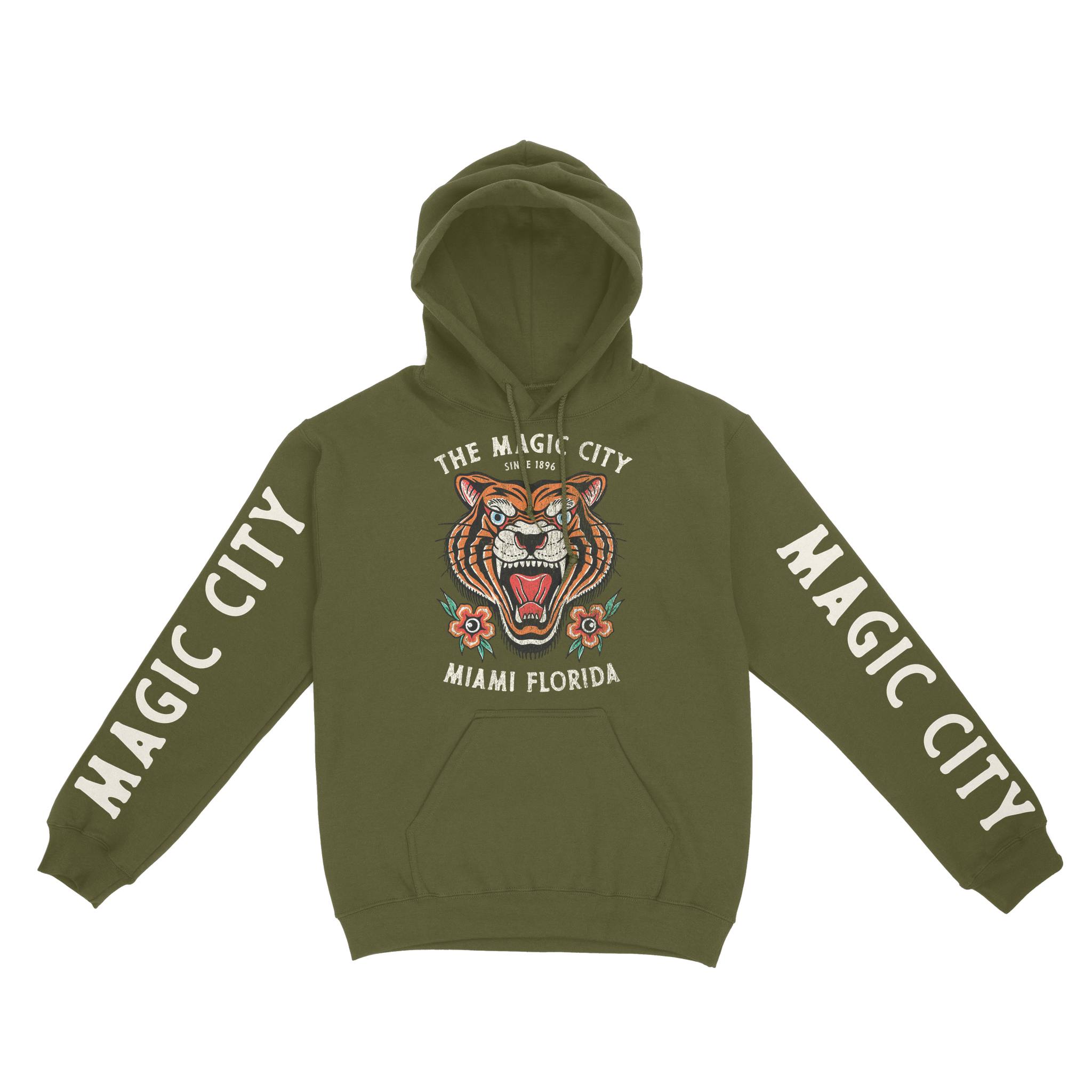 Miami Tiger Tough Hoodie in Military Green - front with sleeves view