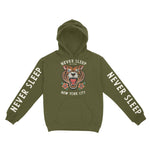New York Hoodie in Military Green - front-sleeves view