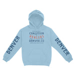 Denver Healer's Club Hoodie in Light Blue - front view with sleeves