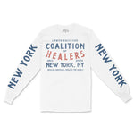 New York Healer's Club Longsleeve in White - front view with sleeves