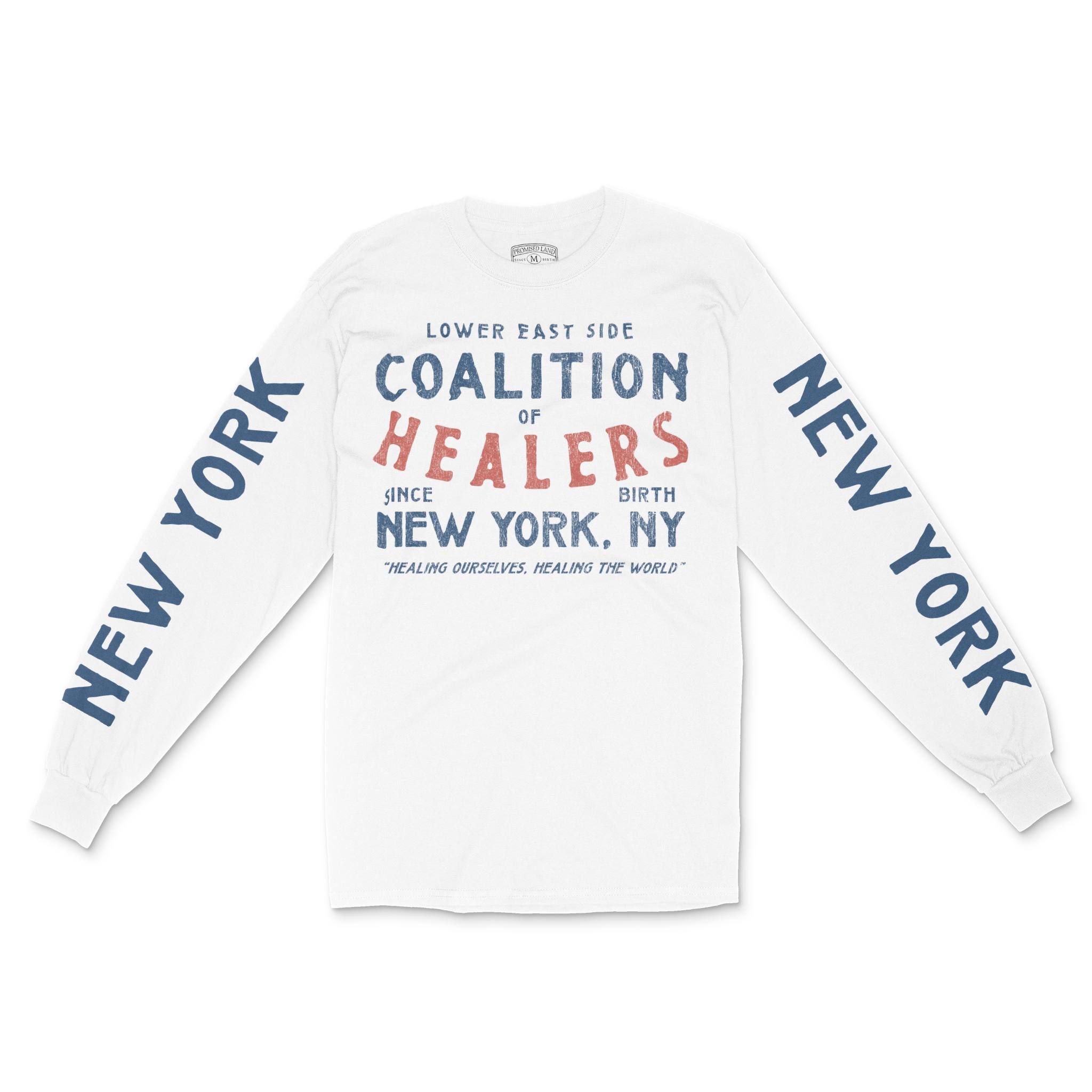 New York Healer's Club Longsleeve in White - front view with sleeves