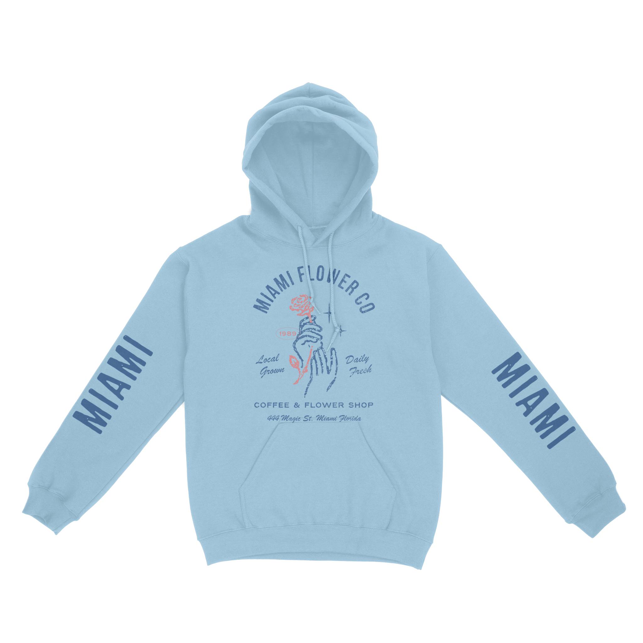Miami Flower Mom Hoodie in Light Blue - front view with sleeves